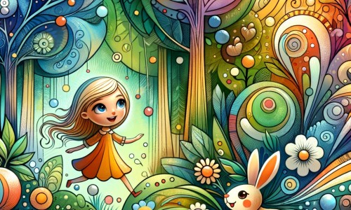 Une illustration pour enfants représentant une petite fille curieuse et imaginative se retrouvant dans un monde loufoque et absurde, entourée d'arbres avec des visages souriants et de fleurs dansant au cœur d'une forêt enchantée.