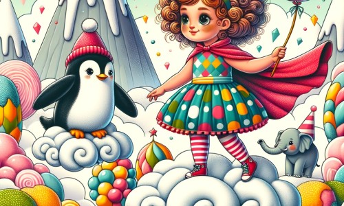 Une illustration pour enfants représentant une petite fille perchée sur un arbre en train de manger des fraises géantes dans un jardin magique.