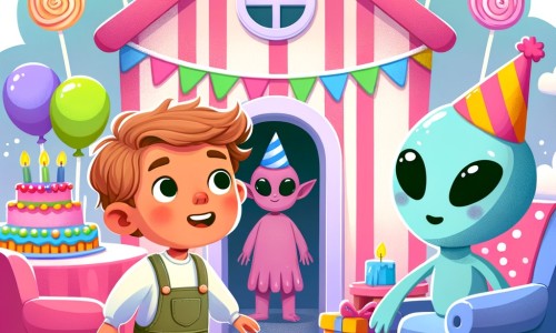Une illustration pour enfants représentant un petit garçon émerveillé par l'arrivée inattendue d'extraterrestres à la fête d'anniversaire de sa sœur, dans le jardin de leur maison.