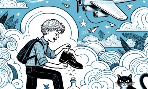 Une illustration destinée aux enfants représentant un petit garçon passionné de chaussures, se retrouvant avec des chaussures en papier géantes après avoir utilisé une potion magique, accompagné d'un chat en colère, dans un ciel rempli d'avions et de nuages moelleux.