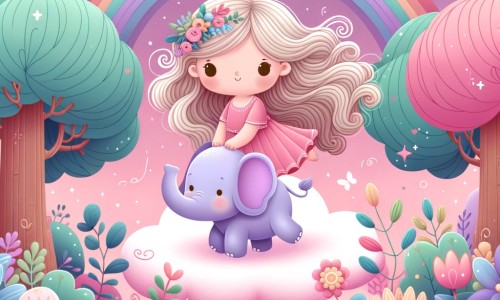 Une illustration destinée aux enfants représentant une petite fille aux cheveux en cascade, se tenant debout sur un nuage rose et moelleux, en train de faire une partie de cache-cache avec un éléphant violet dans un jardin enchanté rempli de fleurs qui dansent et d'arbres aux couleurs de l'arc-en-ciel.