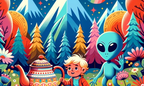 Une illustration pour enfants représentant un petit garçon curieux découvrant une cafetière géante dans un champ mystérieux.