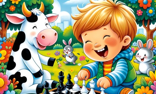 Une illustration destinée aux enfants représentant un petit garçon éclatant de rire, entouré d'une vache jouant aux échecs avec un lapin farceur, dans un parc coloré rempli de fleurs et d'arbres joyeux.