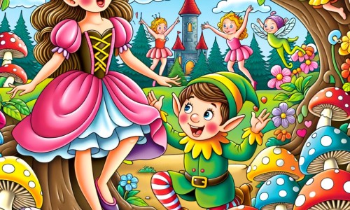 Une illustration destinée aux enfants représentant une princesse espiègle, se retrouvant dans une situation hilarante avec l'aide d'un lutin farceur, dans un royaume enchanté rempli de champignons colorés, d'arbres dansants et d'animaux rigolos.