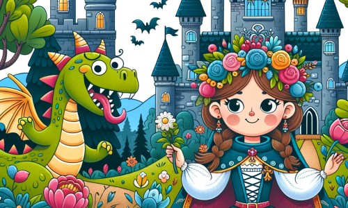 Une illustration destinée aux enfants représentant une princesse espiègle, accompagnée d'un dragon farceur, vivant dans un château enchanteur entouré de jardins fleuris et d'une forêt mystérieuse.