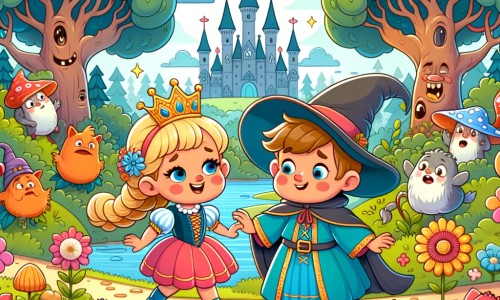 Une illustration destinée aux enfants représentant une princesse espiègle et joyeuse, accompagnée d'une sorcière maladroite, explorant un royaume enchanté rempli de fleurs colorées, d'arbres géants et d'animaux magiques rigolos.