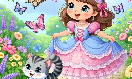 Une illustration destinée aux enfants représentant une princesse coquette et bavarde, accompagnée d'un adorable chaton gris et blanc, se promenant dans un jardin enchanté rempli de fleurs colorées et de papillons virevoltants.