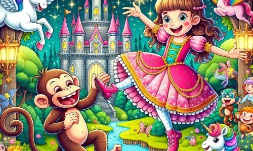Une illustration pour enfants représentant une princesse éclatant de rire dans un royaume enchanté rempli de créatures fantastiques.