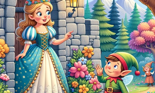 Une illustration pour enfants représentant une princesse farceuse qui cherche une potion magique dans la forêt enchantée pour jouer un tour à son père dans leur grand château en pierre.