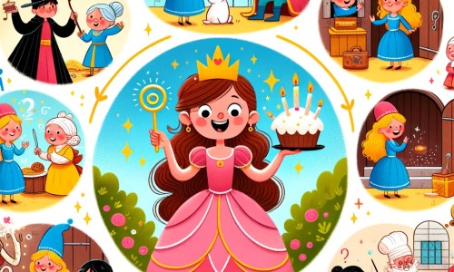 Une illustration pour enfants représentant une princesse farfelue, plongée dans une série de situations rigolotes, dans un royaume enchanté plein de magie et de surprises.