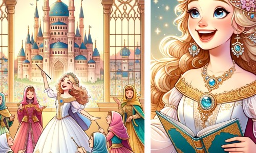 Une illustration pour enfants représentant une princesse joyeuse organisant une fête enchantée dans un royaume lointain.