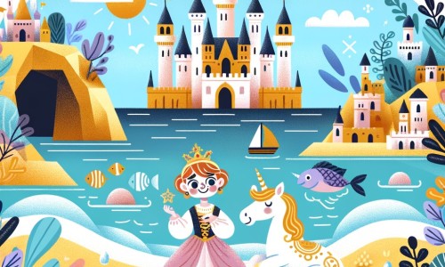 Une illustration pour enfants représentant une princesse maladroite en train de glisser sur un coquillage sur la plage de l'île tropicale de leur royaume enchanté.