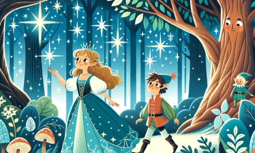 Une illustration destinée aux enfants représentant une princesse rigolote et bienveillante qui part à la recherche de l'aventure dans un royaume enchanté, accompagnée d'un petit elfe, à travers une forêt magique avec des arbres majestueux et des feuilles brillantes comme des étoiles.