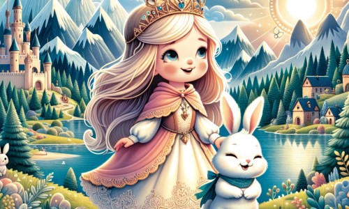 Une illustration destinée aux enfants représentant une princesse têtue, accompagnée d'un petit lapin, vivant des aventures rigolotes dans un royaume enchanté rempli de montagnes mystérieuses, de mers cristallines et de clairières enchantées.