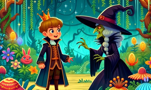 Une illustration destinée aux enfants représentant un jeune prince malicieux, se confrontant à une sorcière méchante dans un jardin magique rempli de fleurs étranges et d'arbres brillants, dans le royaume enchanté.
