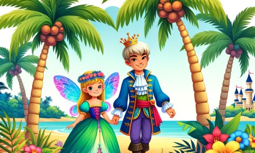 Une illustration destinée aux enfants représentant un prince farceur du royaume enchanté, accompagné d'une fée joyeuse, se trouvant sur une île tropicale paradisiaque, entourée de palmiers majestueux et de fleurs colorées.