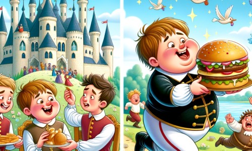 Une illustration pour enfants représentant un prince maladroit et gourmand, vivant des aventures rigolotes dans le royaume enchanté.