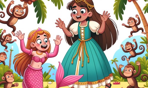 Une illustration destinée aux enfants représentant une princesse intrépide se retrouvant dans une situation hilarante en compagnie d'une sirène aux écailles roses, sur une île tropicale parsemée de palmiers dansants et de singes farceurs.