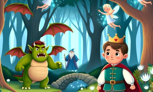 Une illustration pour enfants représentant un prince intrépide du royaume enchanté qui découvre une forêt secrète remplie de créatures magiques.
