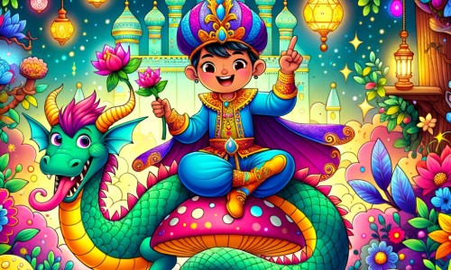 Une illustration destinée aux enfants représentant un prince farceur dans un royaume enchanté, accompagné d'un dragon rigolo, se trouvant dans un jardin magique rempli de fleurs multicolores et de champignons brillants.