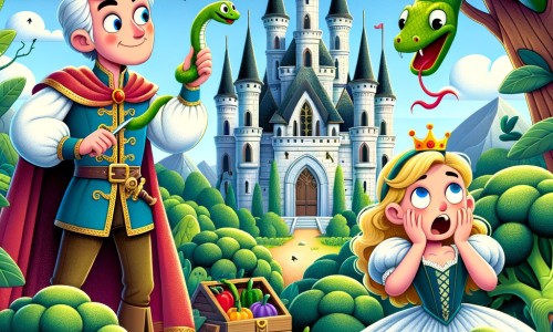 Une illustration destinée aux enfants représentant un prince farceur vivant dans un royaume enchanté, faisant des blagues à tout le monde, accompagné d'une princesse effrayée par un serpent en plastique, dans un château majestueux entouré d'une forêt luxuriante avec des brocolis géants qui poussent dans le jardin.