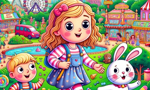 Une illustration pour enfants représentant une petite fille rigolote et ses copains qui cherchent leur ami disparu en parcourant un cirque coloré.