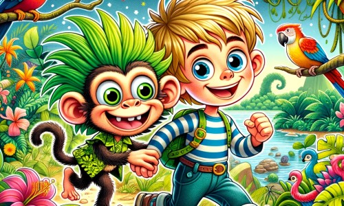 Une illustration destinée aux enfants représentant un petit garçon plein d'énergie, accompagné d'un drôle d'ami aux cheveux verts, dans une forêt tropicale magique remplie de plantes exotiques, d'oiseaux colorés et d'un petit singe espiègle.