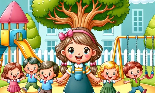 Une illustration destinée aux enfants représentant une petite fille pleine de malice, entourée de ses copains rigolos, dans une cour d'école colorée avec des balançoires, des toboggans et un grand arbre aux branches tordues.