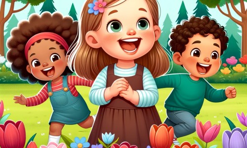 Une illustration destinée aux enfants représentant une petite fille espiègle, accompagnée de ses joyeux amis, partageant des éclats de rire dans un parc verdoyant, rempli de fleurs colorées et d'arbres majestueux.