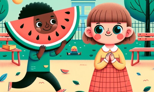 Une illustration pour enfants représentant une petite fille timide qui rencontre un garçon bizarre avec un ballon en forme de pastèque dans la cour de l'école.