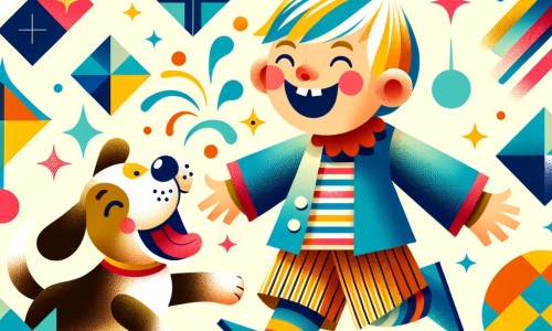 Une illustration destinée aux enfants représentant une petite fille pleine de malice, accompagnée de son joyeux chien, se trouvant dans une cour de récréation colorée et animée, où ils partagent des éclats de rire avec leurs copains.