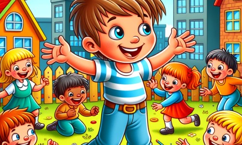 Une illustration destinée aux enfants représentant un petit garçon plein d'énergie et de malice, entouré de ses amis rigolos, dans une cour d'école colorée et animée où ils s'amusent à jouer et à faire des bêtises.