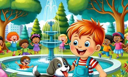 Une illustration destinée aux enfants représentant un petit garçon énergique et espiègle, accompagné d'un adorable chien, dans un parc coloré avec des arbres majestueux, une fontaine joyeuse et des enfants qui rient et jouent ensemble.