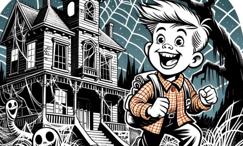 Une illustration pour enfants représentant un petit garçon espiègle et plein de vie, vivant des aventures rigolotes avec ses copains dans une maison abandonnée pleine de mystères.