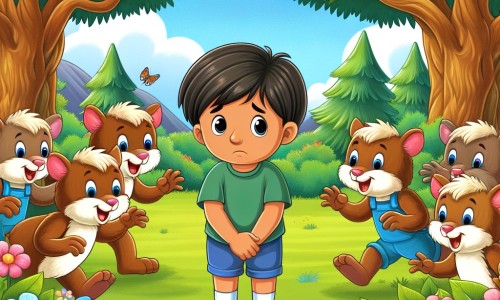 Une illustration destinée aux enfants représentant un petit garçon timide, entouré de ses nouveaux amis rigolos, dans un parc verdoyant rempli de fleurs colorées et d'arbres majestueux.