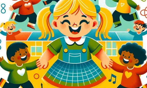 Une illustration destinée aux enfants représentant une petite fille espiègle, entourée de ses amis, dans une cour d'école colorée remplie de rires et de jeux.