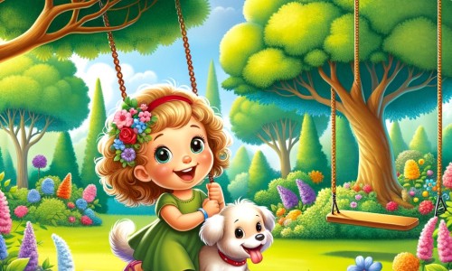 Une illustration destinée aux enfants représentant une petite fille aux cheveux bouclés et aux joues roses, qui se retrouve dans une joyeuse pagaille avec son meilleur ami, un chien espiègle, dans un parc verdoyant rempli de fleurs colorées, d'arbres majestueux et de balançoires qui se balancent joyeusement.