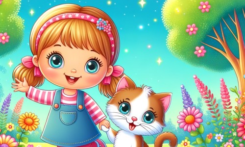 Une illustration destinée aux enfants représentant une petite fille rigolote, accompagnée d'un chaton espiègle, dans un parc coloré rempli de fleurs et d'arbres joyeux.