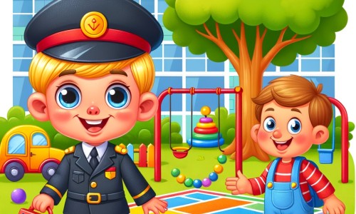 Une illustration destinée aux enfants représentant un petit garçon plein de malice, accompagné d'un nouvel ami, dans une cour d'école colorée avec un grand arbre et des jeux amusants.