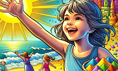 Une illustration destinée aux enfants représentant une petite fille joyeuse, se faisant de nouveaux amis, dans un magnifique paysage de plage ensoleillée, avec des châteaux de sable colorés et des grains de sable variés, symbolisant la diversité.