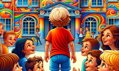 Une illustration pour enfants représentant un petit garçon rayonnant de bonheur, vivant une aventure extraordinaire entouré d'amis aux origines diverses, dans une école colorée et joyeuse.