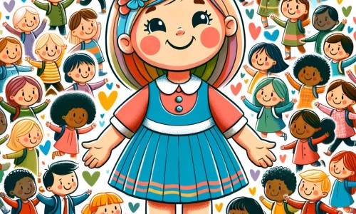 Une illustration destinée aux enfants représentant une petite fille joyeuse et curieuse, entourée d'amis de toutes formes, couleurs et tailles, dans une école colorée et animée où règne l'amour et le respect.