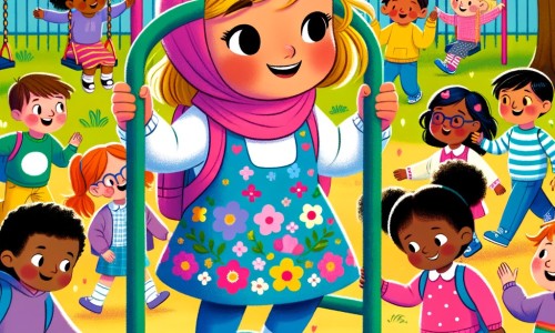 Une illustration pour enfants représentant une petite fille qui vient de déménager dans une nouvelle ville, et qui doit se faire des amis dans une école pleine de diversité.