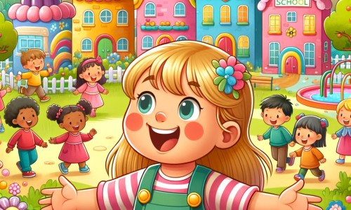 Une illustration pour enfants représentant une petite fille curieuse qui a déménagé dans une nouvelle ville et découvre une nouvelle école remplie de diversité et de cultures différentes.