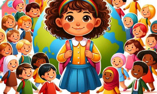 Une illustration destinée aux enfants représentant une petite fille aux cheveux bouclés, se trouvant dans une école multicolore et joyeuse, entourée d'enfants venant du monde entier, découvrant ensemble les merveilles de la diversité.
