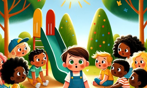 Une illustration destinée aux enfants représentant un petit garçon curieux, entouré de ses amis, découvrant une nouvelle amie aux cheveux frisés et à la peau foncée, dans un parc ensoleillé avec des arbres verdoyants et un toboggan coloré.
