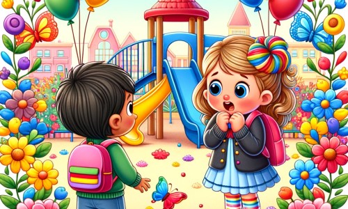 Une illustration pour enfants représentant une petite fille qui découvre une nouvelle école multiculturelle où elle rencontre une amie et apprend que la diversité est une richesse, dans un lieu rempli de couleurs et de sourires.