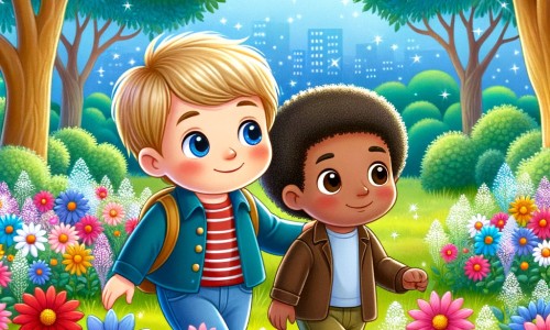 Une illustration destinée aux enfants représentant un petit garçon curieux, accompagné d'un nouvel ami, explorant un parc verdoyant parsemé de fleurs multicolores et d'arbres aux feuilles chatoyantes, symbolisant l'importance de la diversité.