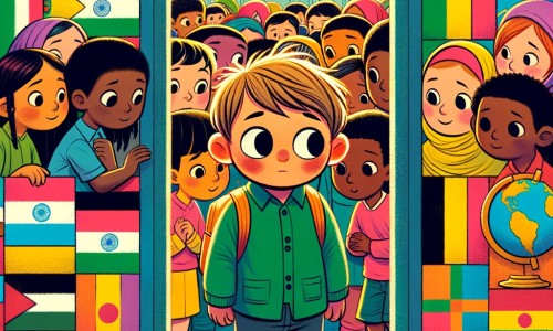 Une illustration pour enfants représentant un petit garçon timide et curieux, qui découvre la diversité culturelle de sa ville lors de sa première journée d'école, dans une école multiculturelle.