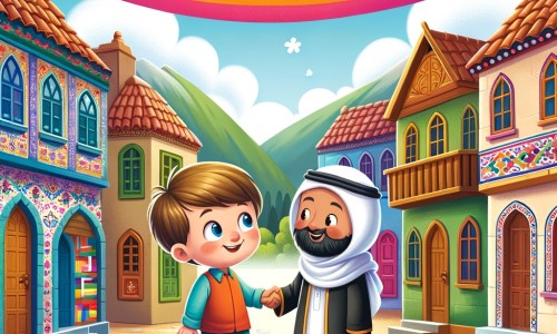 Une illustration pour enfants représentant un petit garçon curieux qui rencontre un nouveau voisin d'origine différente lorsqu'une famille s'installe dans la maison à côté de la sienne, dans un quartier paisible et coloré.